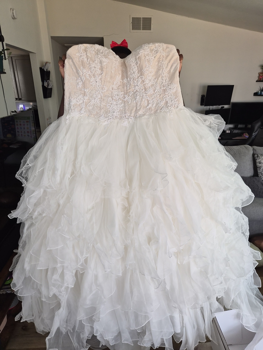 Oleg Cassini Strapless Lace Bodice Ruffle Tulle Ball Gown - White